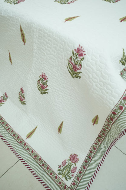 Pink Floral & Leaf Handblock Quilted Comforter Set with 2 Pillow Covers