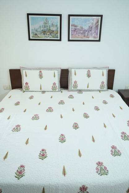 Pink Floral & Leaf Handblock Quilted Comforter Set with 2 Pillow Covers
