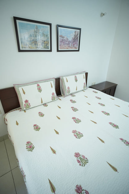 Pink Floral & Leaf Handblock Quilted Comforter Set with 2 Pillow Covers