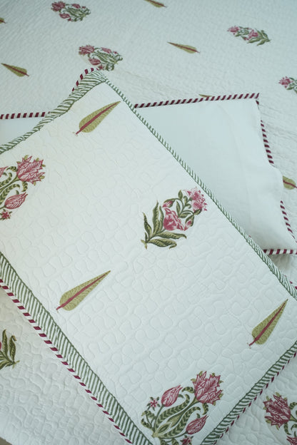 Pink Floral & Leaf Handblock Quilted Comforter Set with 2 Pillow Covers
