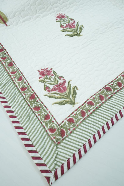 Pink Floral & Leaf Handblock Quilted Comforter Set with 2 Pillow Covers