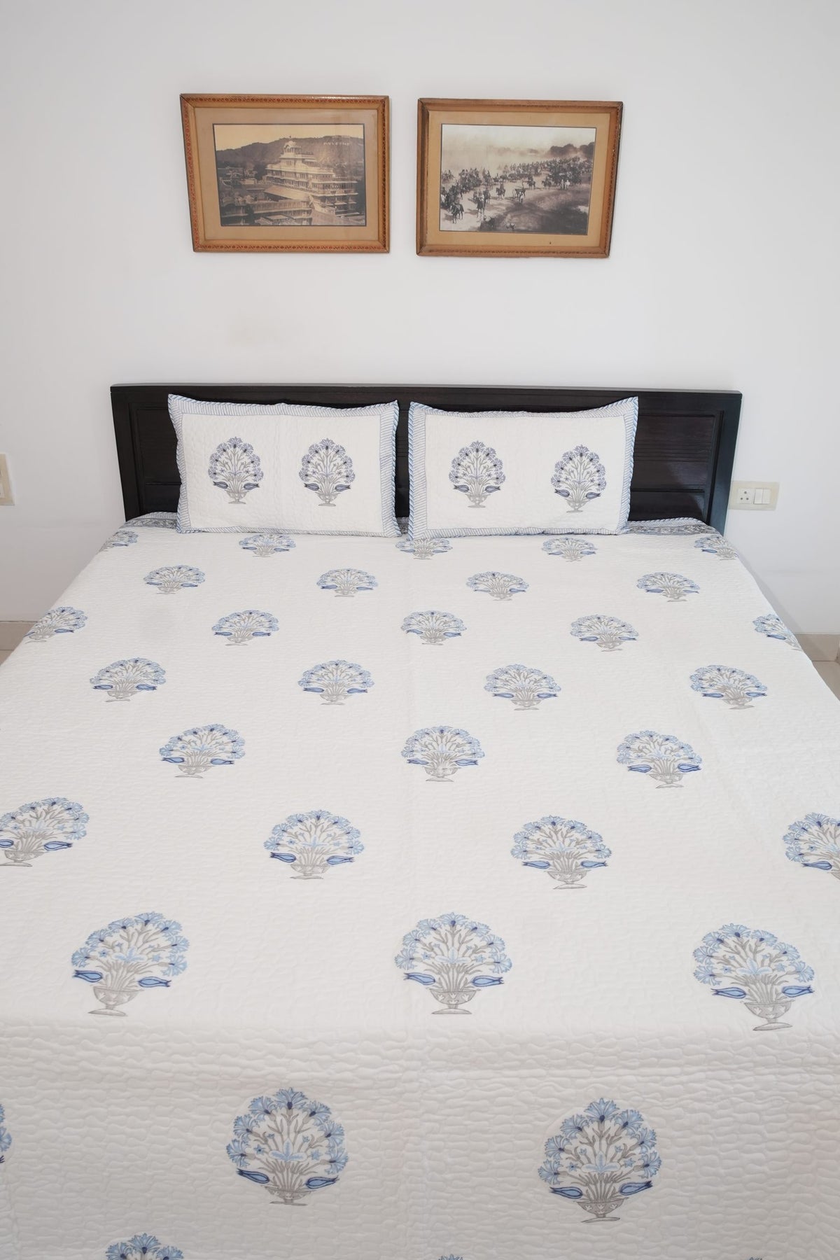 Blue Floral Handblock Quilted Comforter Set with 2 Pillow Covers