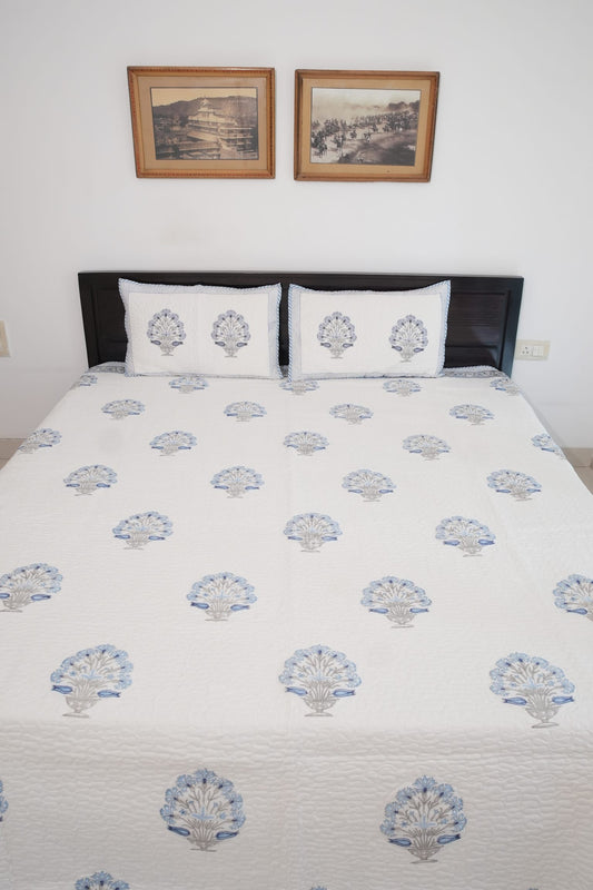 Blue Floral Handblock Quilted Comforter Set with 2 Pillow Covers