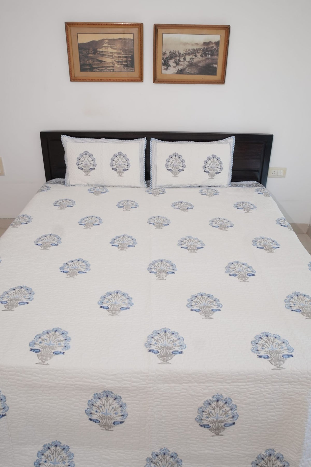 Blue Floral Handblock Quilted Comforter Set with 2 Pillow Covers