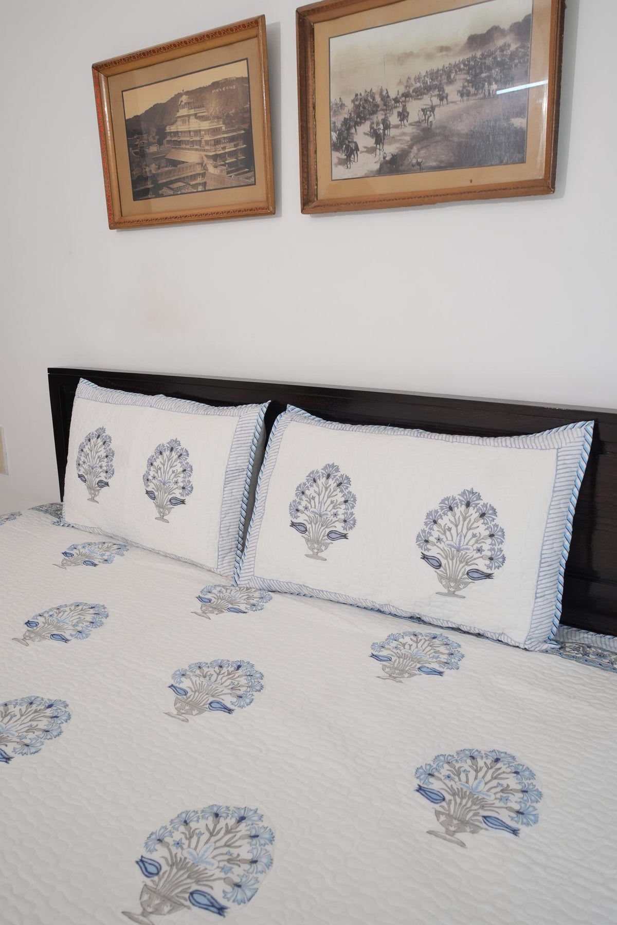 Blue Floral Handblock Quilted Comforter Set with 2 Pillow Covers