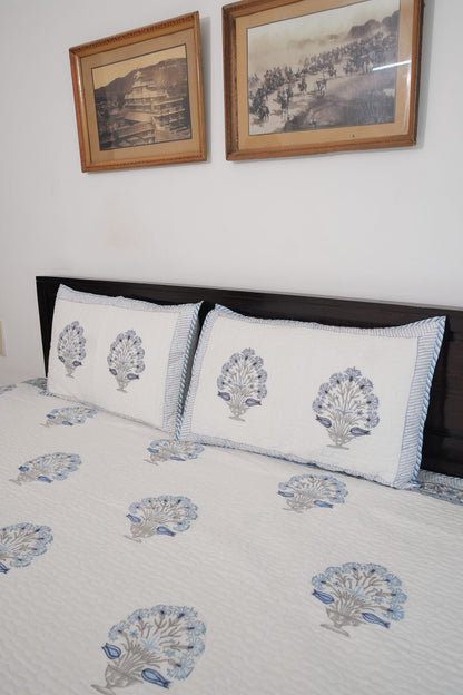 Blue Floral Handblock Quilted Comforter Set with 2 Pillow Covers