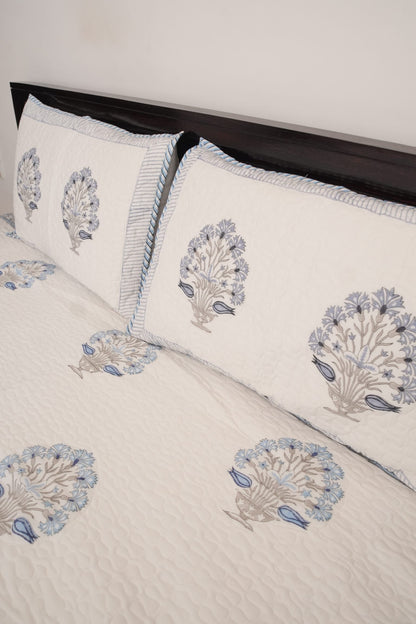 Blue Floral Handblock Quilted Comforter Set with 2 Pillow Covers