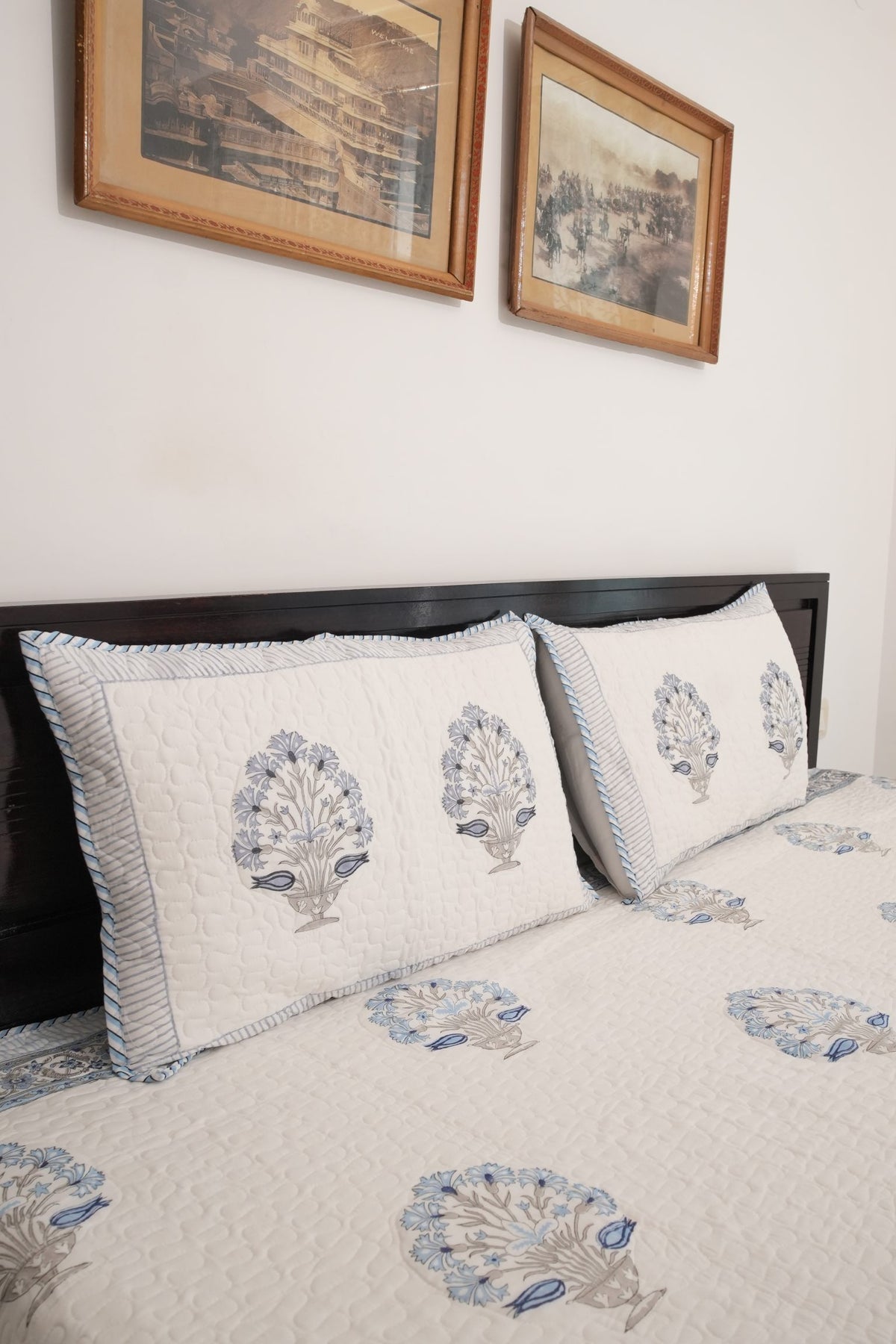 Blue Floral Handblock Quilted Comforter Set with 2 Pillow Covers