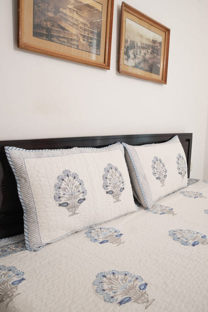 Blue Floral Handblock Quilted Comforter Set with 2 Pillow Covers