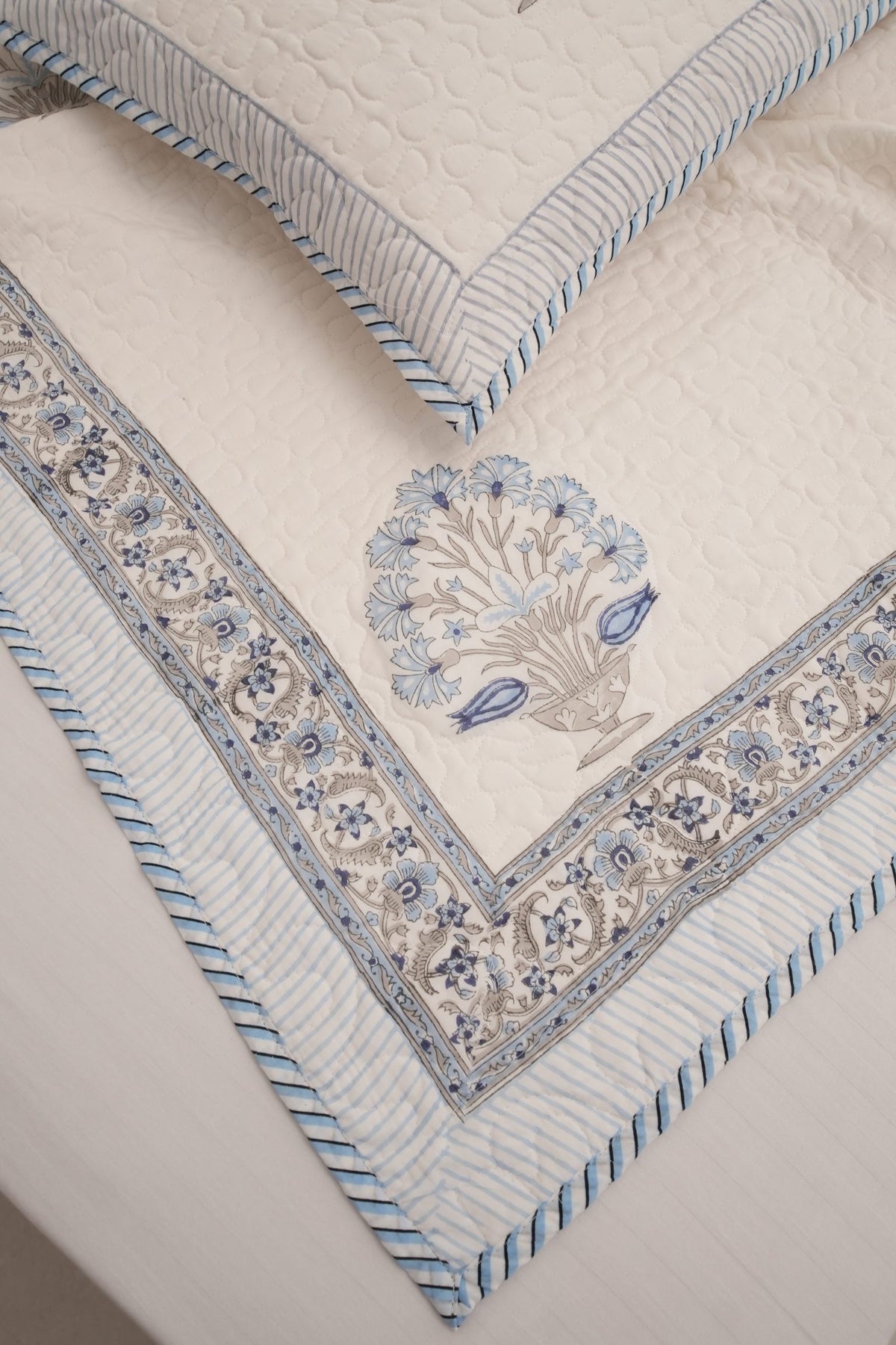Blue Floral Handblock Quilted Comforter Set with 2 Pillow Covers