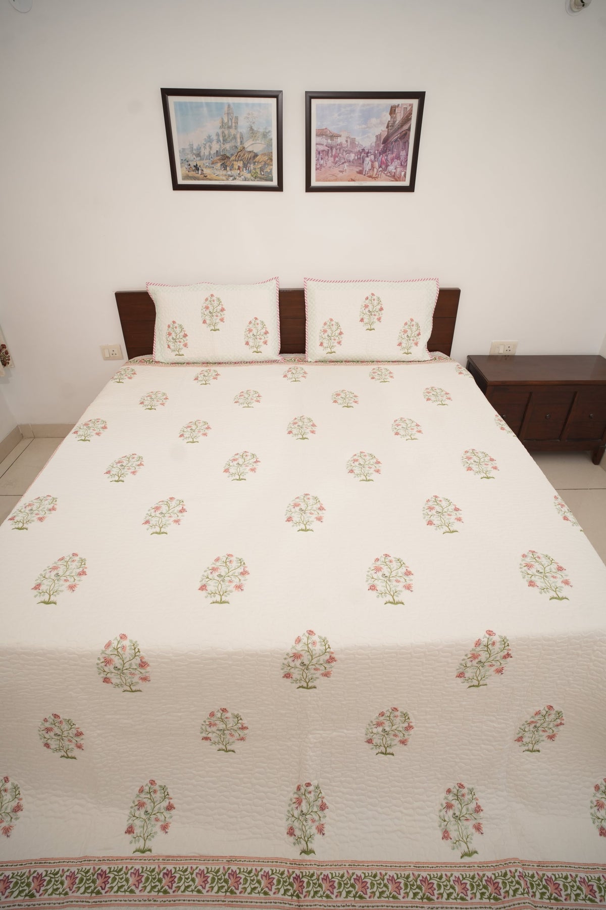 Peach Floral Handblock Quilted Comforter Set with 2 Pillow Covers