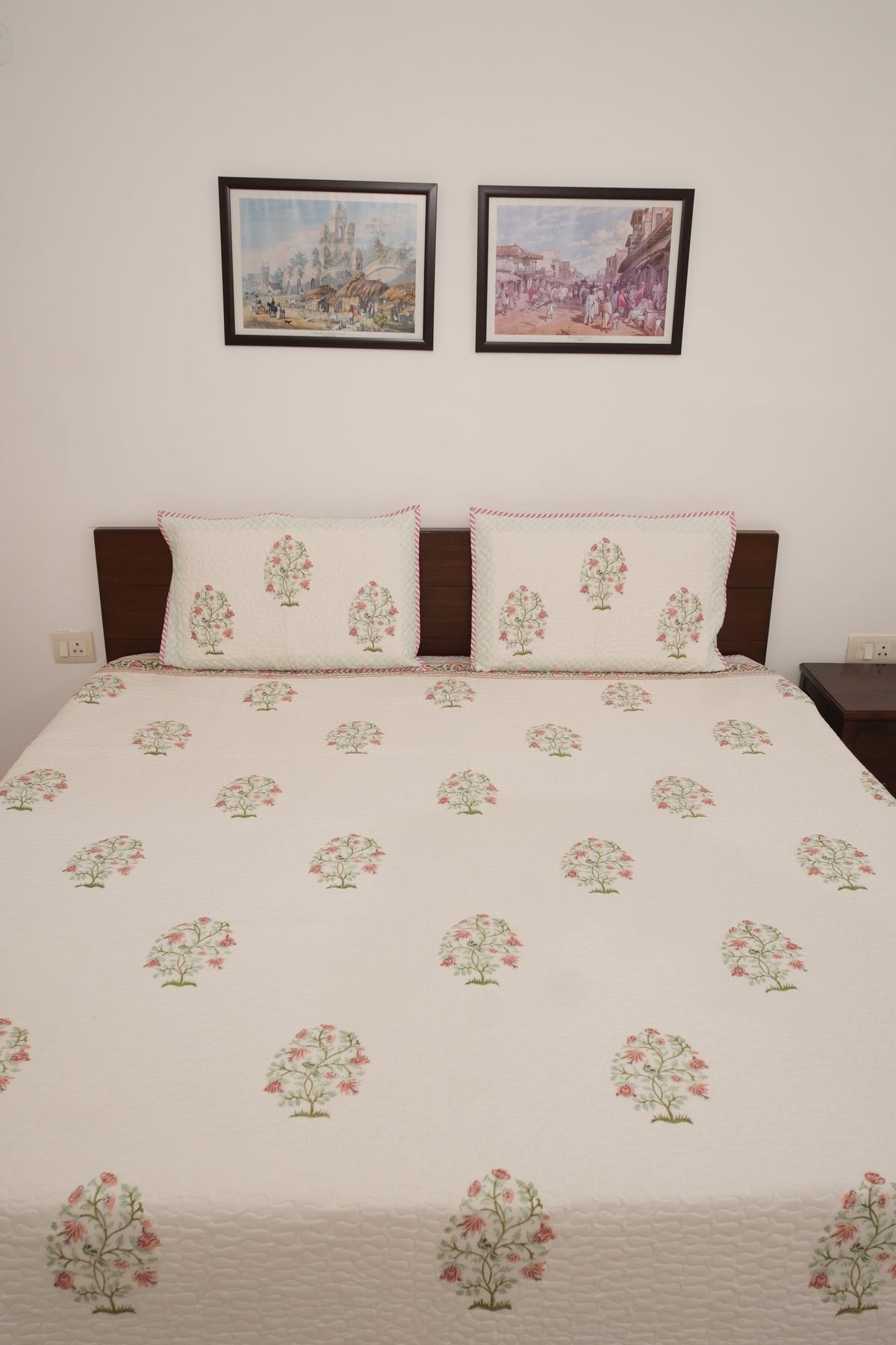 Peach Floral Handblock Quilted Comforter Set with 2 Pillow Covers