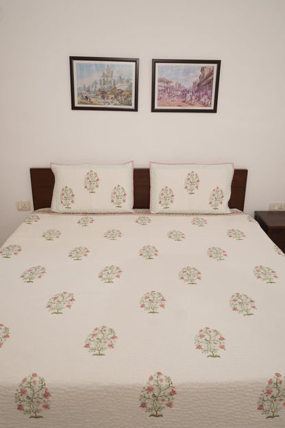 Peach Floral Handblock Quilted Comforter Set with 2 Pillow Covers