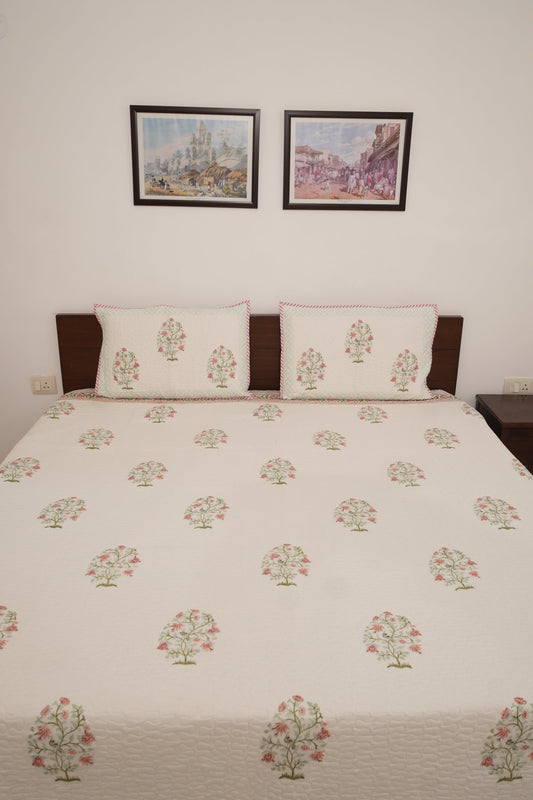 Peach Floral Handblock Quilted Comforter Set with 2 Pillow Covers