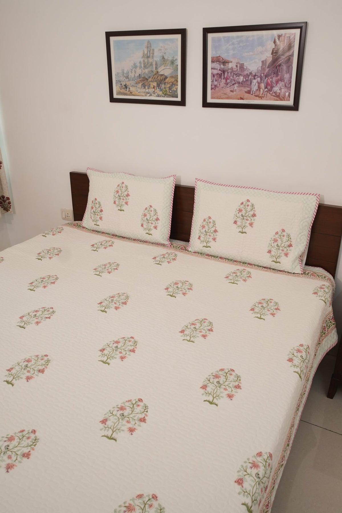 Peach Floral Handblock Quilted Comforter Set with 2 Pillow Covers