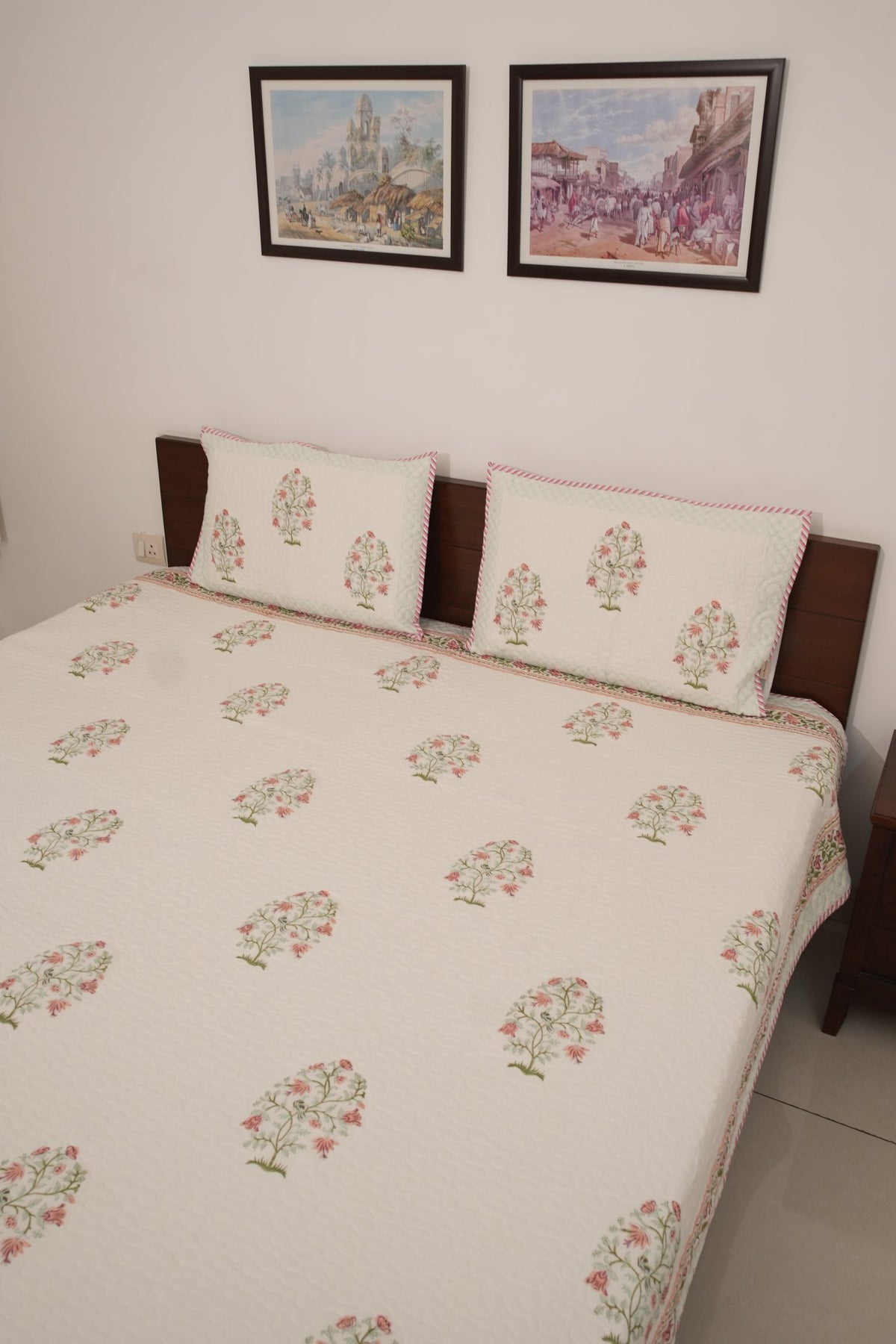 Peach Floral Handblock Quilted Comforter Set with 2 Pillow Covers