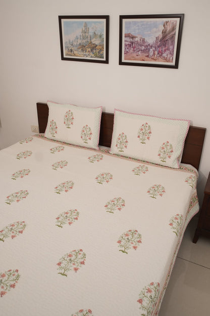 Peach Floral Handblock Quilted Comforter Set with 2 Pillow Covers