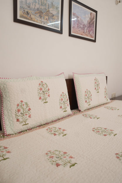 Peach Floral Handblock Quilted Comforter Set with 2 Pillow Covers
