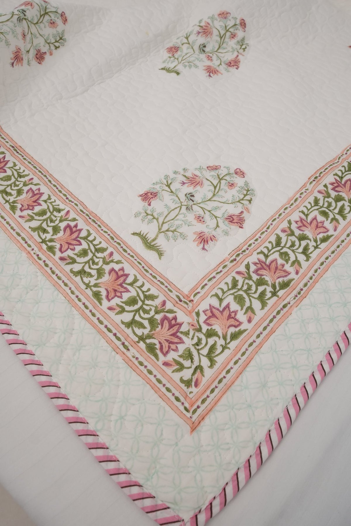 Peach Floral Handblock Quilted Comforter Set with 2 Pillow Covers