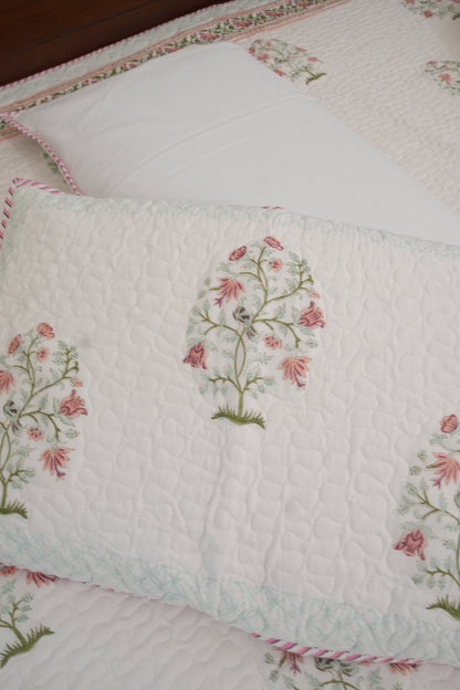 Peach Floral Handblock Quilted Comforter Set with 2 Pillow Covers