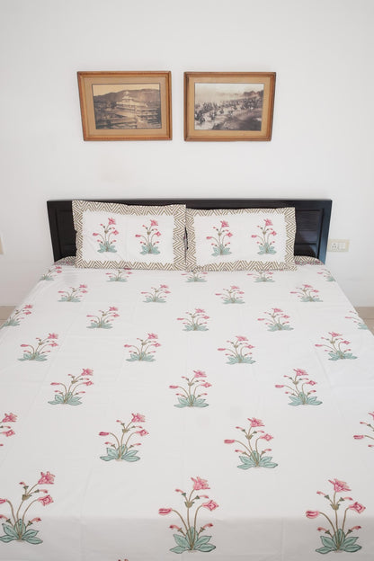 Peach Pink Big Floral Handblock Cotton Percale 300 TC Bedsheet