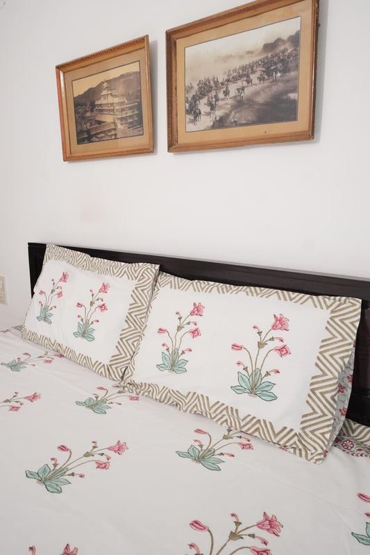 Peach Pink Big Floral Handblock Cotton Percale 300 TC Bedsheet