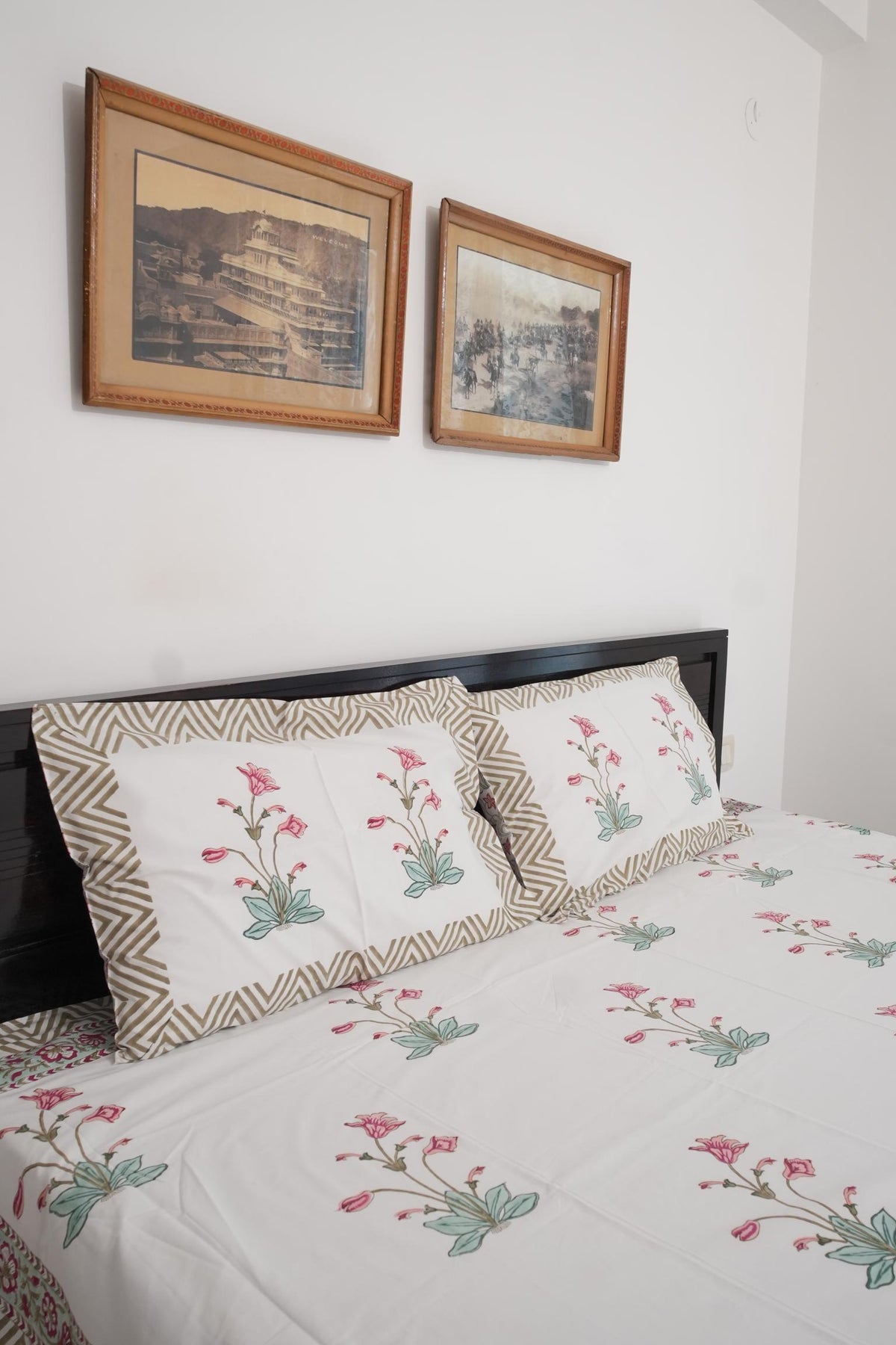 Peach Pink Big Floral Handblock Cotton Percale 300 TC Bedsheet