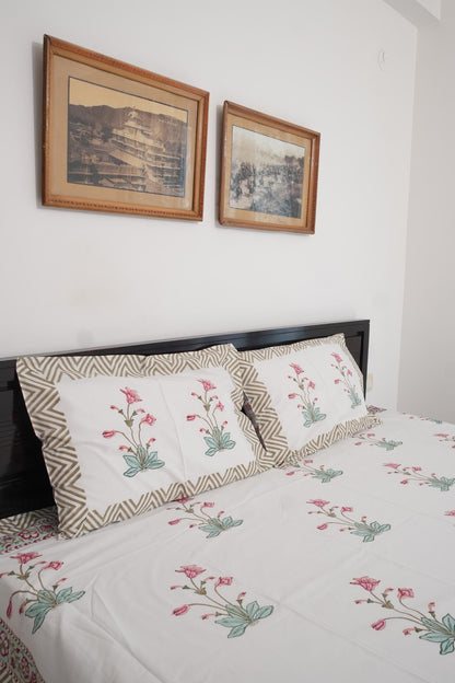 Peach Pink Big Floral Handblock Cotton Percale 300 TC Bedsheet