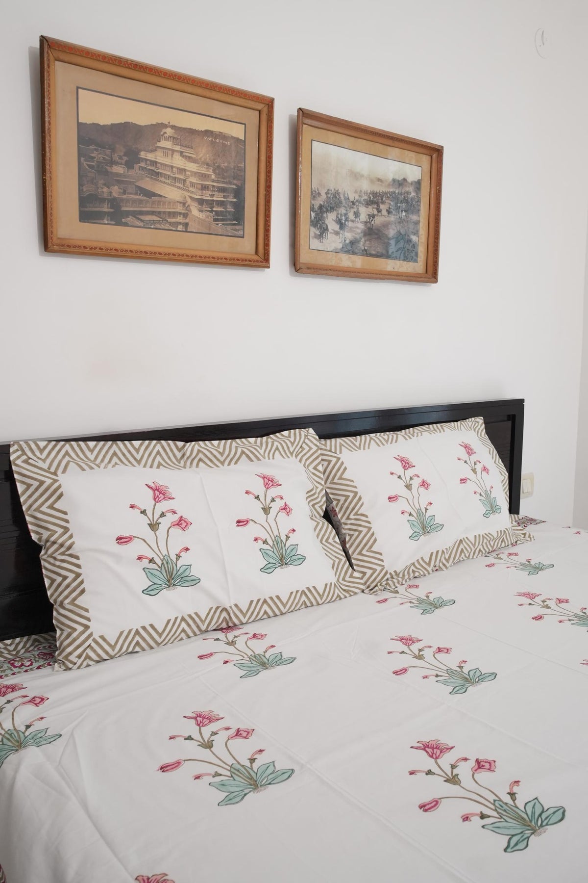 Peach Pink Big Floral Handblock Cotton Percale 300 TC Bedsheet