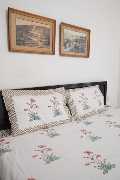 Peach Pink Big Floral Handblock Cotton Percale 300 TC Bedsheet