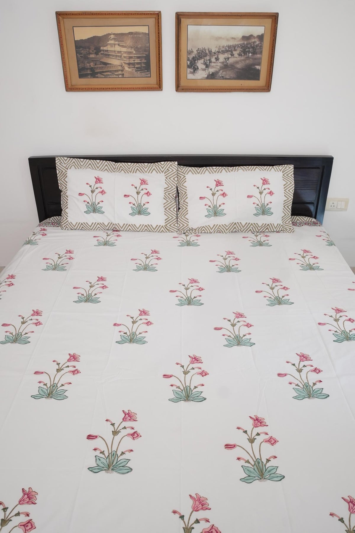 Peach Pink Big Floral Handblock Cotton Percale 300 TC Bedsheet