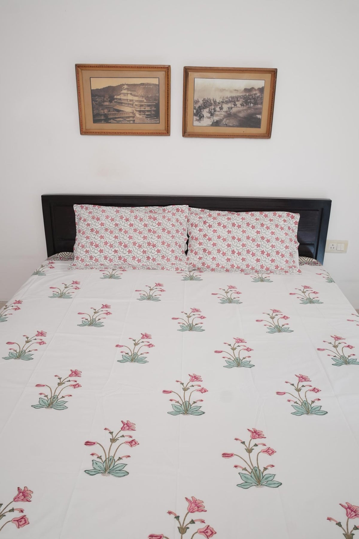 Peach Pink Big Floral Handblock Cotton Percale 300 TC Bedsheet