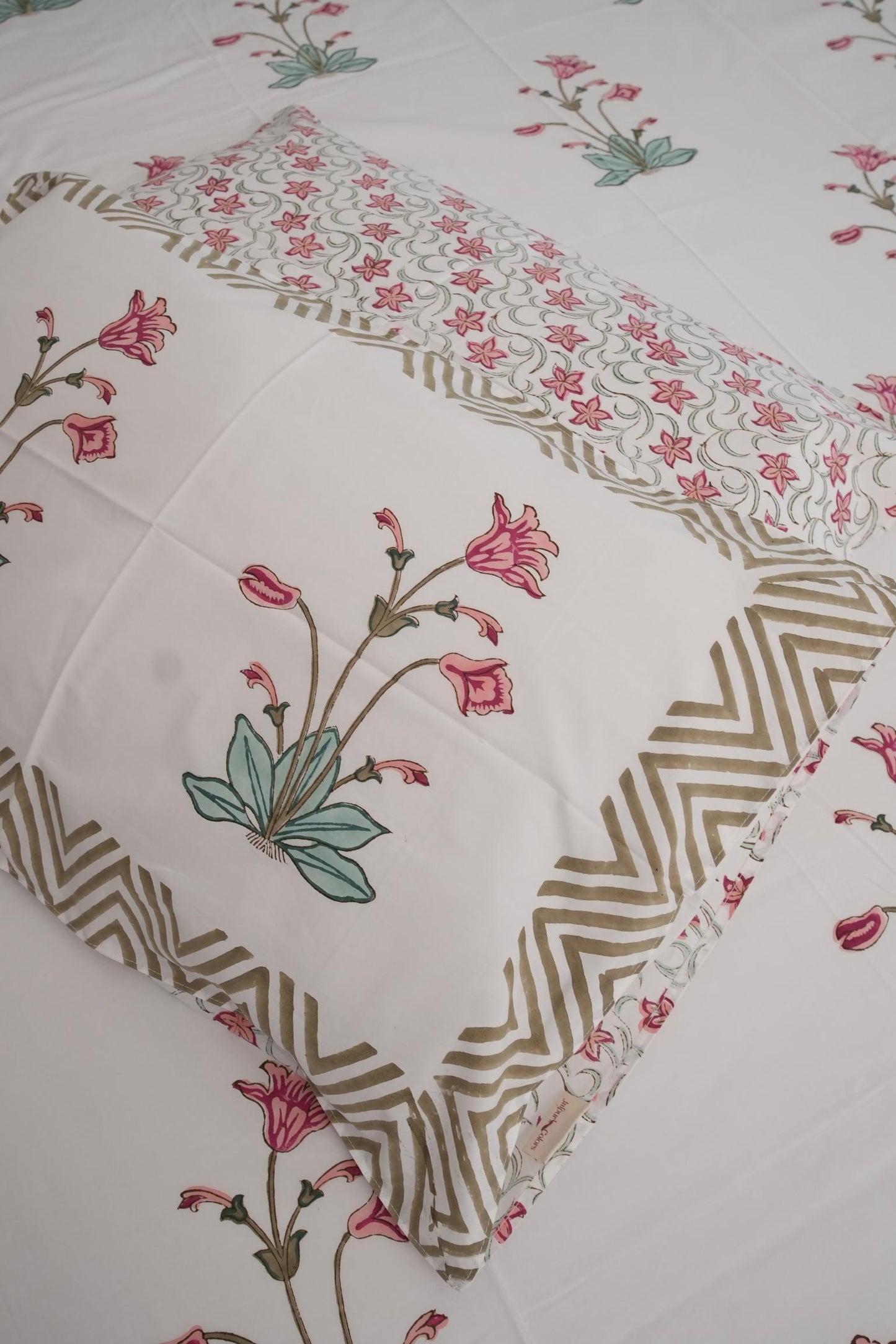 Peach Pink Big Floral Handblock Cotton Percale 300 TC Bedsheet