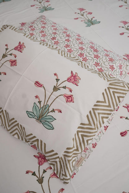 Peach Pink Big Floral Handblock Cotton Percale 300 TC Bedsheet