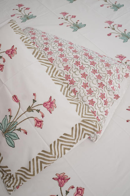 Peach Pink Big Floral Handblock Cotton Percale 300 TC Bedsheet