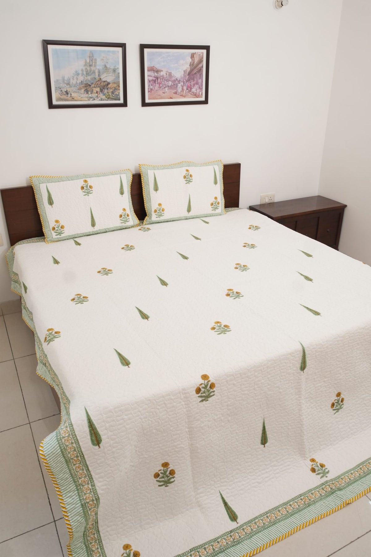 Yellow Flower & Green Leaf Handblock Quilted Comforter Set with 2 Pillow Covers