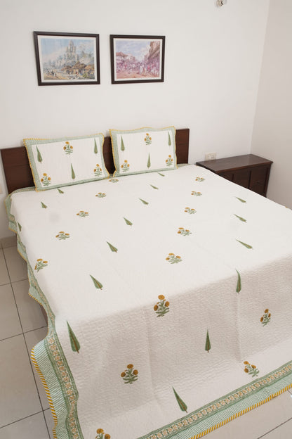 Yellow Flower & Green Leaf Handblock Quilted Comforter Set with 2 Pillow Covers