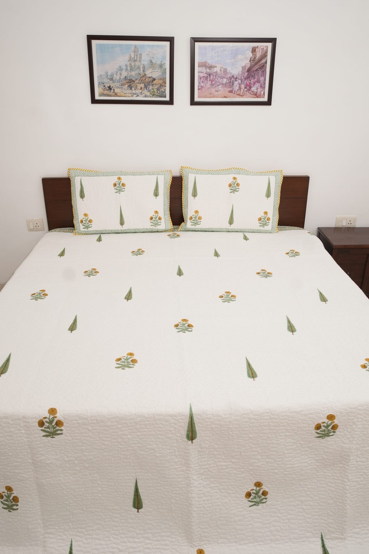 Yellow Flower & Green Leaf Handblock Quilted Comforter Set with 2 Pillow Covers
