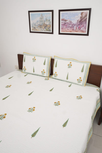 Yellow Flower & Green Leaf Handblock Quilted Comforter Set with 2 Pillow Covers