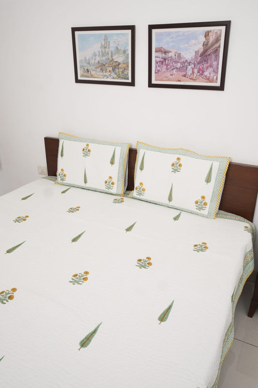 Yellow Flower & Green Leaf Handblock Quilted Comforter Set with 2 Pillow Covers