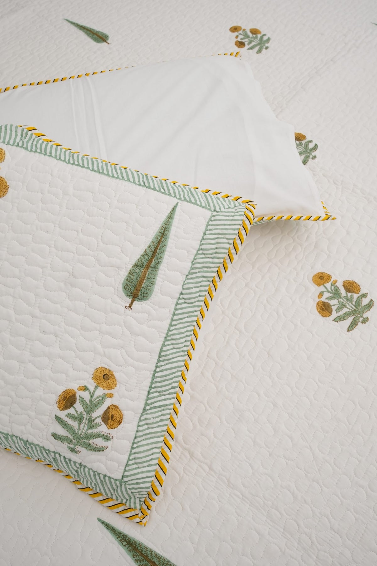 Yellow Flower & Green Leaf Handblock Quilted Comforter Set with 2 Pillow Covers