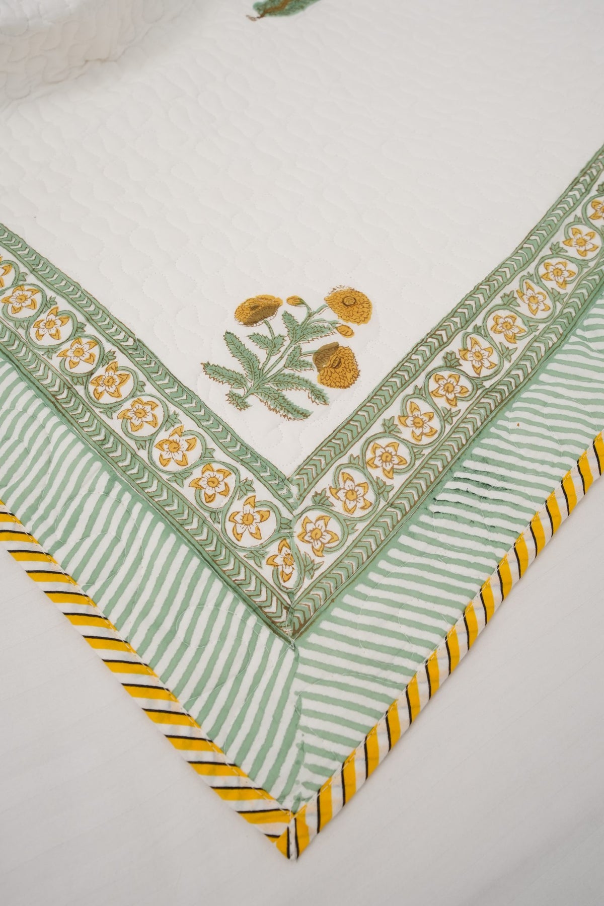 Yellow Flower & Green Leaf Handblock Quilted Comforter Set with 2 Pillow Covers