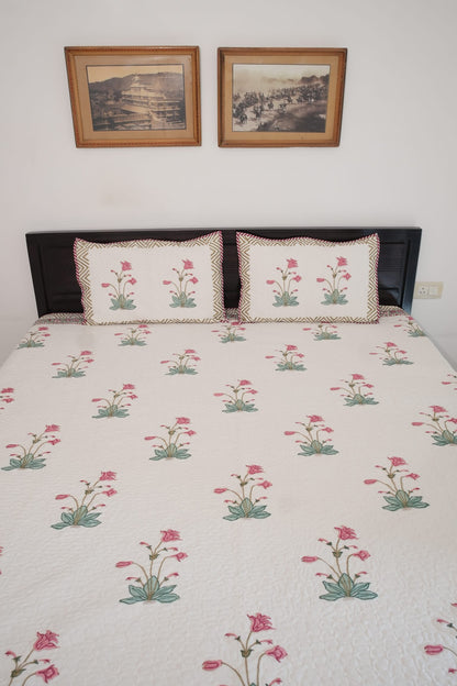 Big Peachish Pink Flower Handblock Quilted Comforter Set with 2 Pillow Covers