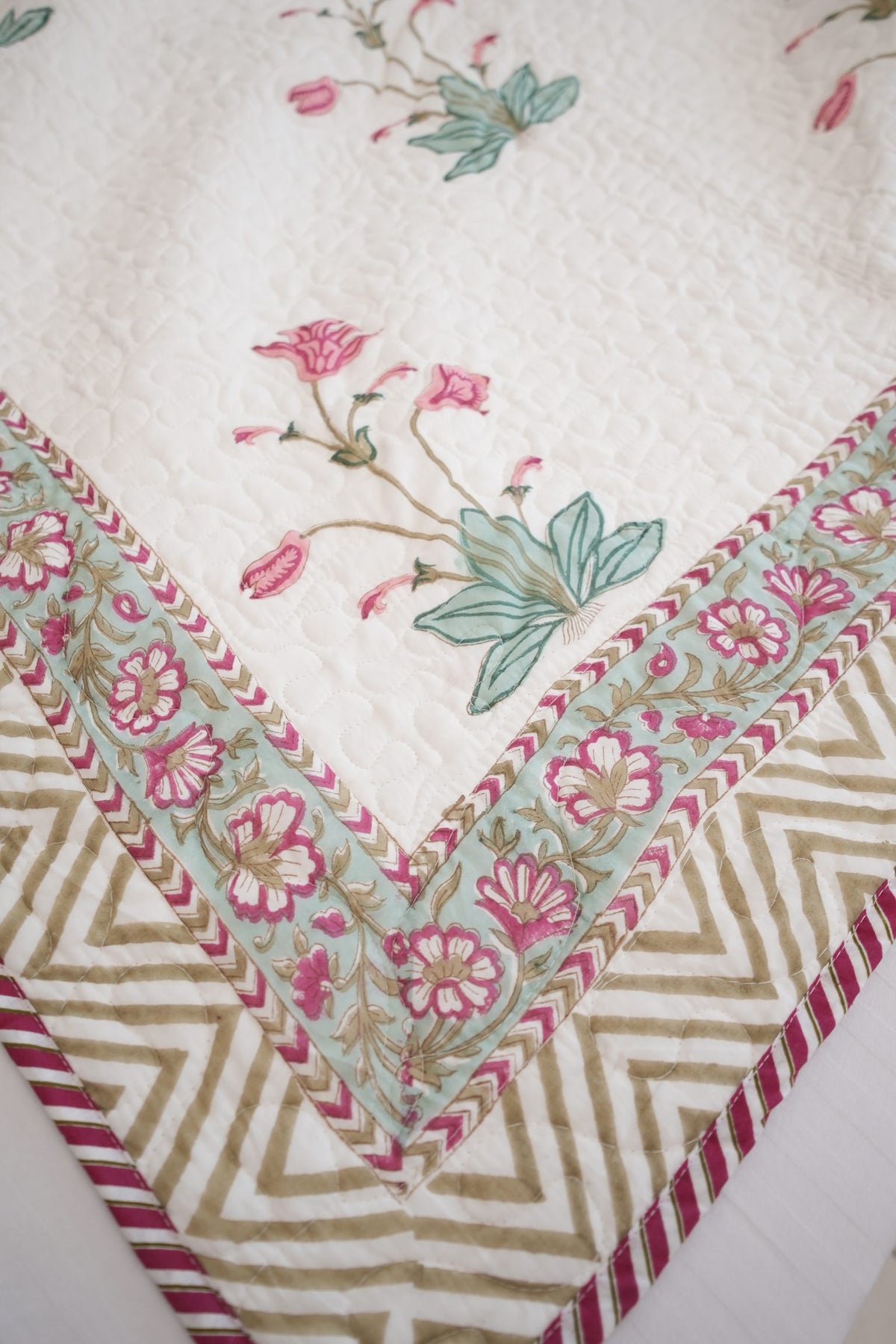 Big Peachish Pink Flower Handblock Quilted Comforter Set with 2 Pillow Covers
