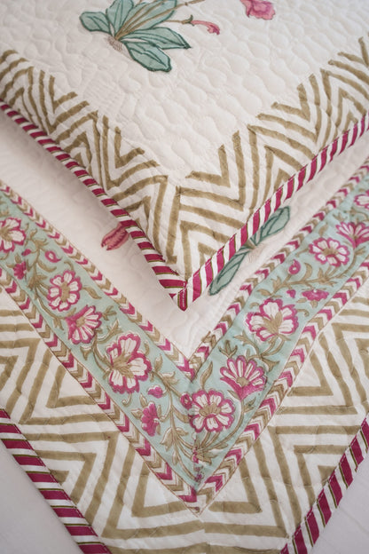 Big Peachish Pink Flower Handblock Quilted Comforter Set with 2 Pillow Covers