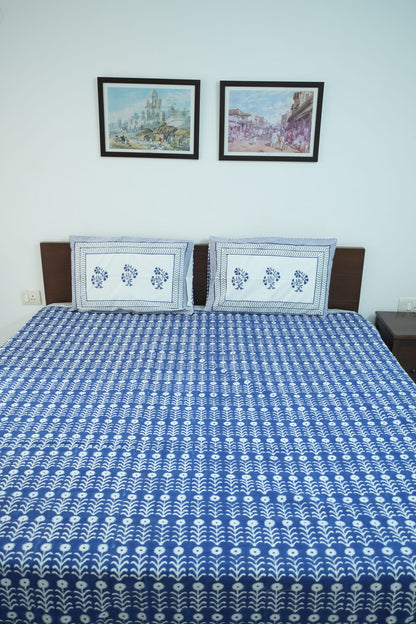 Dark Blue Handblock Cotton Percale 300 TC Bedsheet