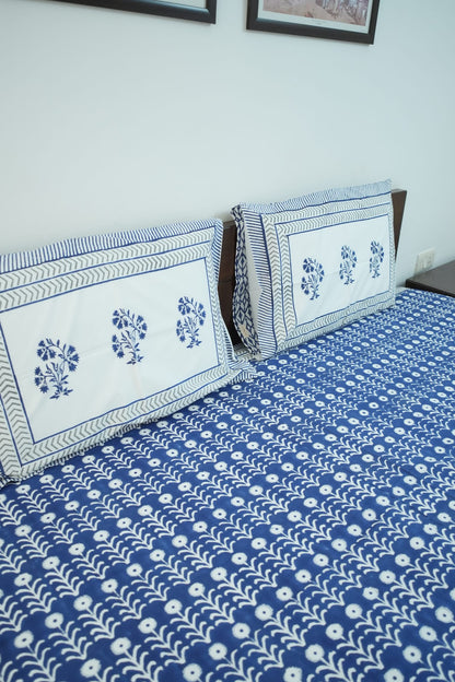 Dark Blue Handblock Cotton Percale 300 TC Bedsheet
