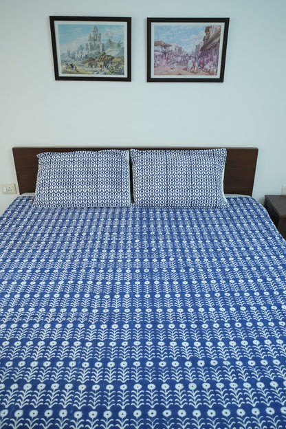 Dark Blue Handblock Cotton Percale 300 TC Bedsheet
