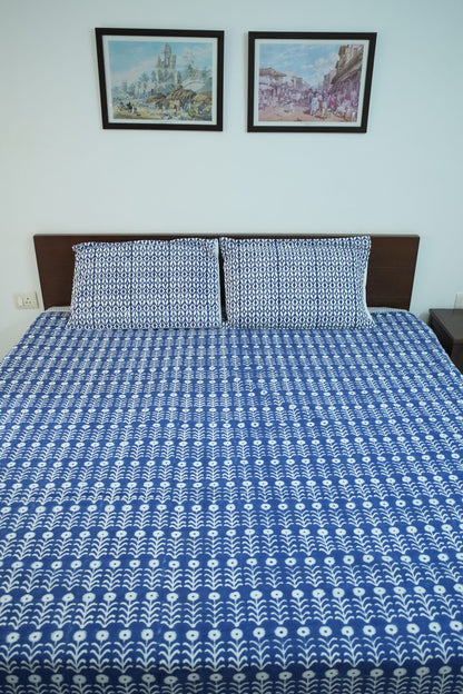 Dark Blue Handblock Cotton Percale 300 TC Bedsheet