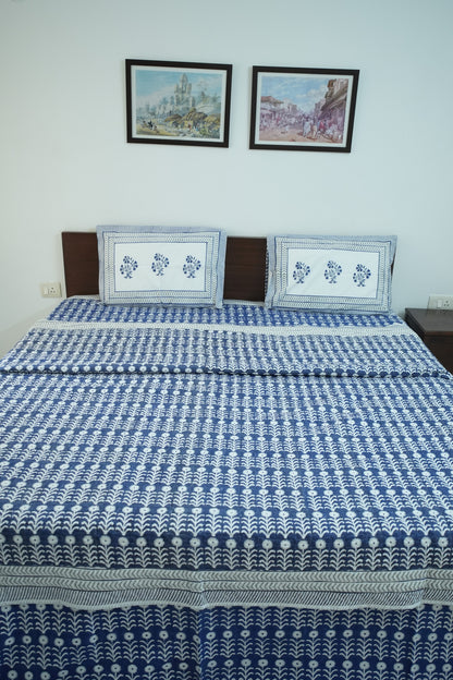 Dark Blue Handblock Cotton Percale 300 TC Bedsheet & Comforter Set